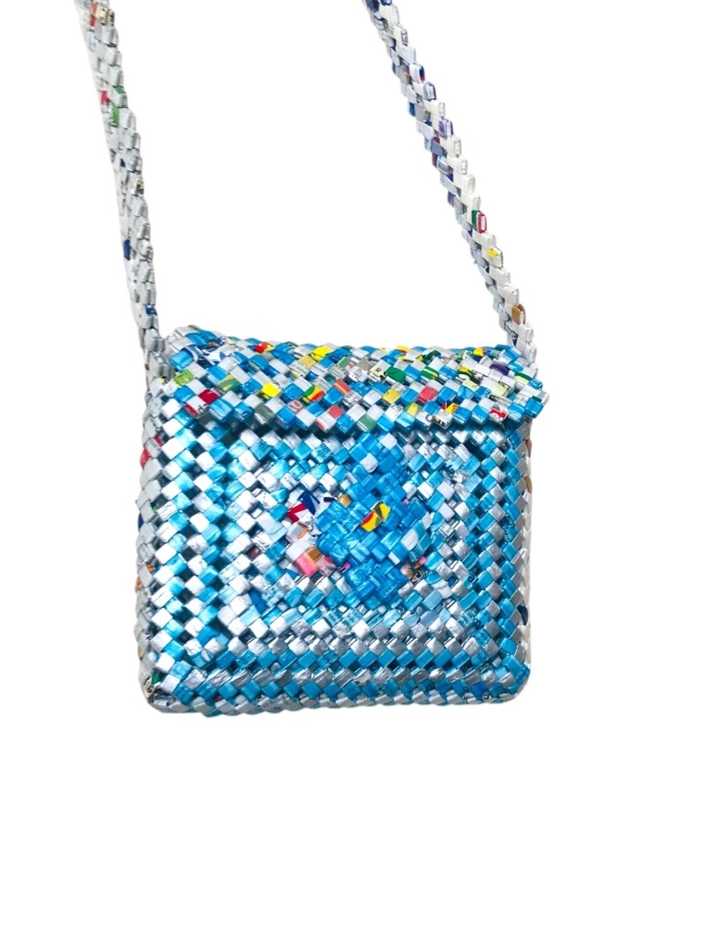 Recycled Magazine Woven Crossbody Bag Handmade Blue Eco Upcycled Purse